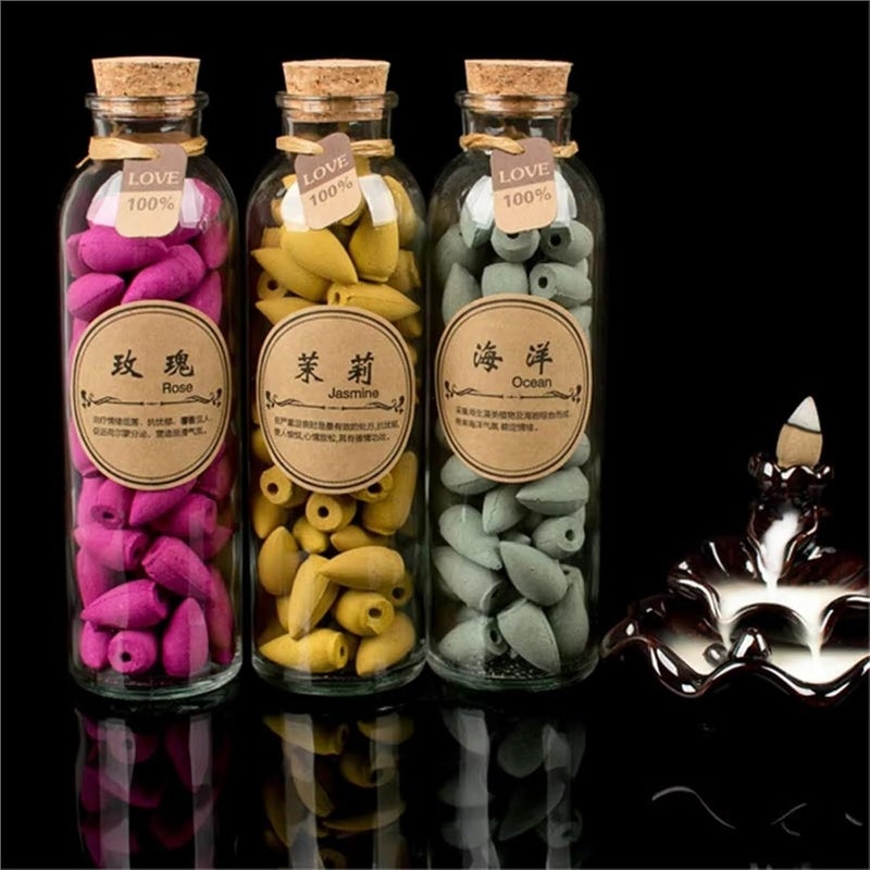 58Pcs Glass Bottle Backflow Incense Cones Natural Sandalwood Smoke Flavor(Lavender) - Image 3