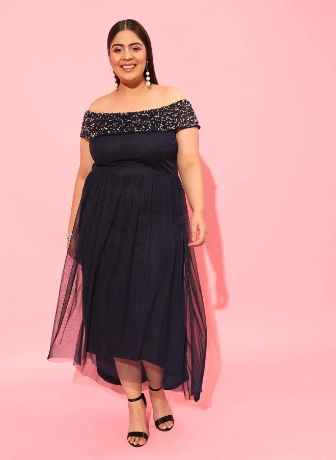 CURVY STREET Navy Blue Off-Shoulder A-Line Dress for Women