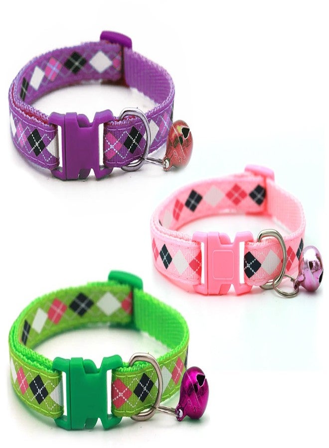 Litvibes Cat & Puppy Collar with Bell,Kitten & Small Dogs Soft Adjustable,Safe,Solid & Protective Breakaway for Cats & Puppies,Cute Kitty Neckband with Diamond Print-(Purple,Pink,Green) - Image 1
