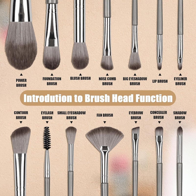 Amrules 14 Pcs Makeup Brush Set, Professional Eye and Face Foundation Brush Set, Eyeshadow Brushes, Cosmetic Brushes, with Pu Bag, Grayish - Image 3