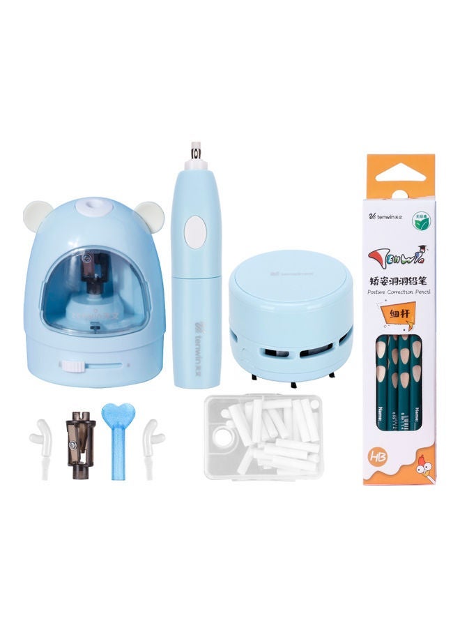 NIBEMINENT 3-Piece Electric Pencil Sharpener With Eraser And Vacuum Cleaner Set Blue - Image 1