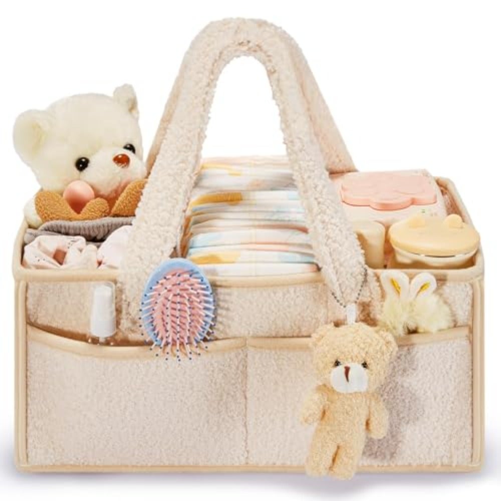 Baby Diaper Caddy Organizer, Baby Caddy Organizer for Changing Table, Portable Newborn Shower Basket Gifts Storage Changing Wipes Bag Car Nursery Infant Boy or Girl Baby White