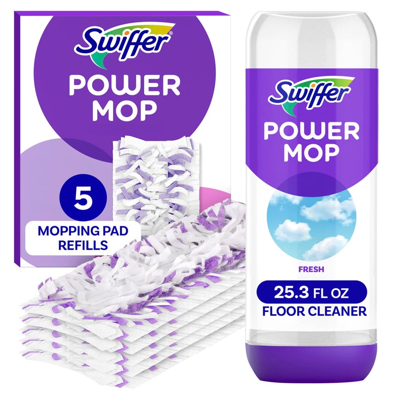 Swiffer Power Mop Refill Pack, Floor Cleaner for Mopping Tile, Vinyl, Laminate, Wood in Home, Bathroom, Kitchen, All Purpose Multi-Surface Cleaning, 5 Pads + 1 Lavender Solution - Image 1