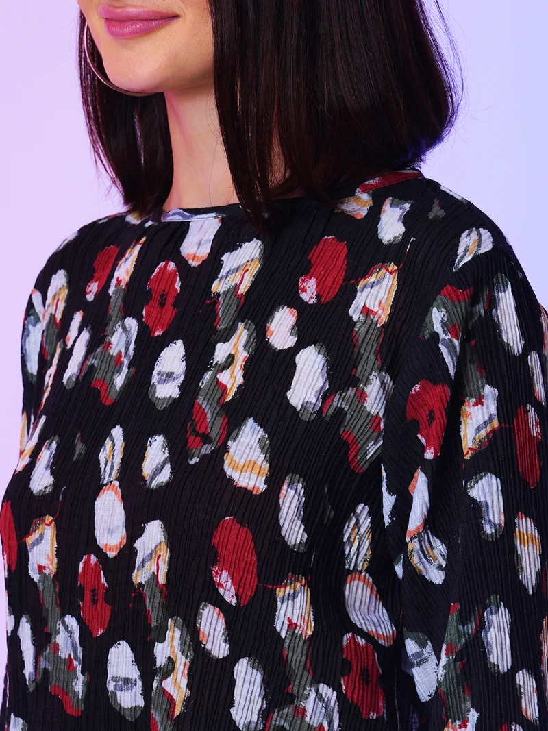 globus Women Round Neck Long Sleeves Conversational Print Regular Party Top