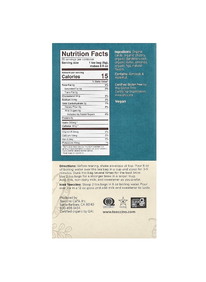 teeccino - Teeccino, Roasted Herbal Tea, Dandelion Caramel Nut, Caffeine Free, 25 Tea Bags, 5.3 oz (150 g) - Image 1