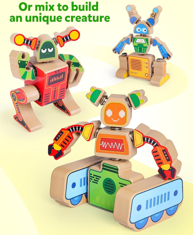 Wooden Robot Building Block Set for 3 4 5 Years Old Kids | Snap Together Robot Builders, STEM Take Apart Robot Playset, Fine Motor Skill Educational Learning Toy - Image 3