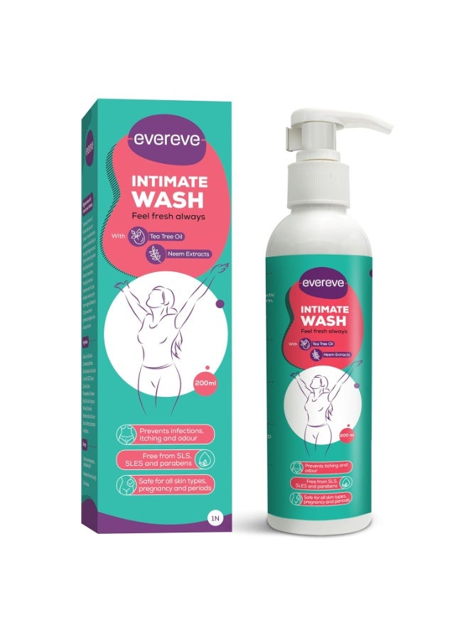 Evereve Intimate Wash For Women 200ml 3 In 1 No Odour Itching Or Irritation With Tea Tree Oil and Neem Maintains pH Balance Safe During Pregnancy and Periods Dermatologically Tested - Image 1