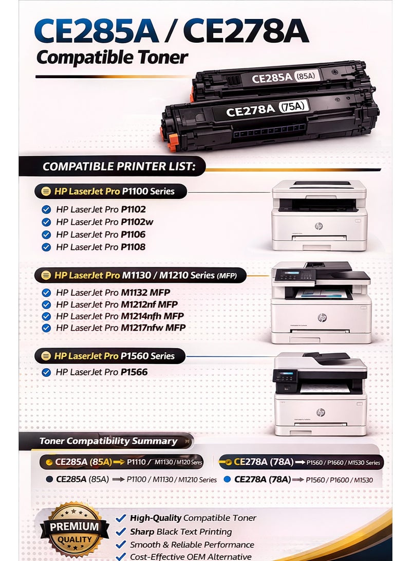 مالتي كلر خرطوشة حبر متوافقة HP CE285A / CE278A – حبر ليزر أسود عالي الجودة - Image 1