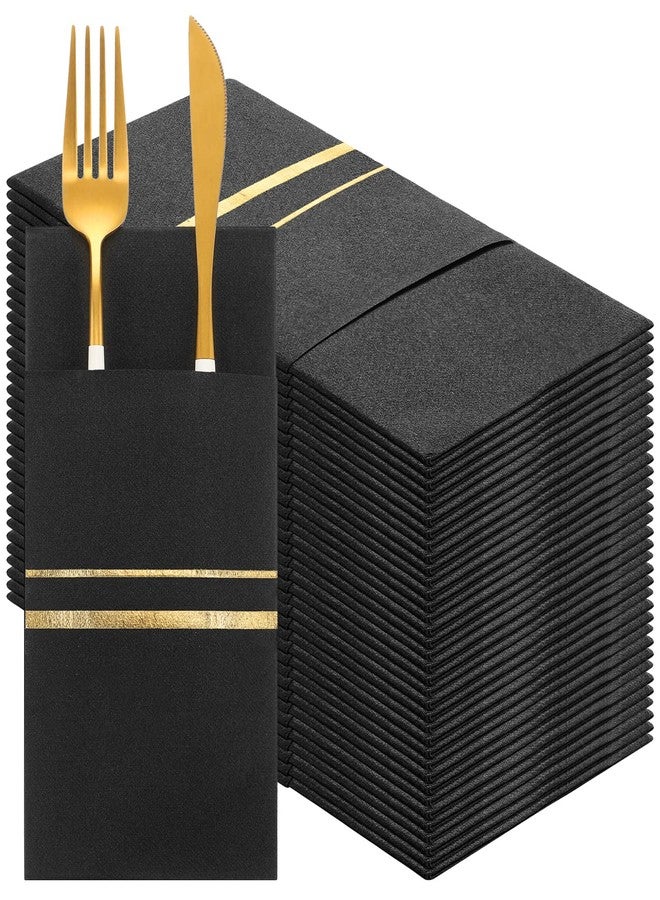 SEEWEY 100 Pack Dinner Napkins Disposable Linen Feel Dinner Napkins with Built-in Flatware Pocket Gold Trim Lined Pre Folded Napkins Cloth Like Paper Napkins for Wedding Dinner Party (Black,Gold) - Image 1