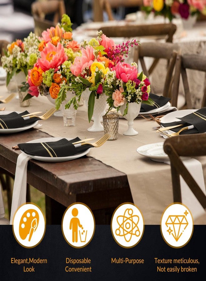 SEEWEY 100 Pack Dinner Napkins Disposable Linen Feel Dinner Napkins with Built-in Flatware Pocket Gold Trim Lined Pre Folded Napkins Cloth Like Paper Napkins for Wedding Dinner Party (Black,Gold) - Image 3