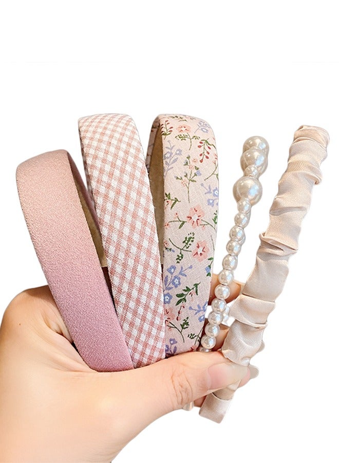 Pearl headband fabric headdress pleated five-piece set, Pink 