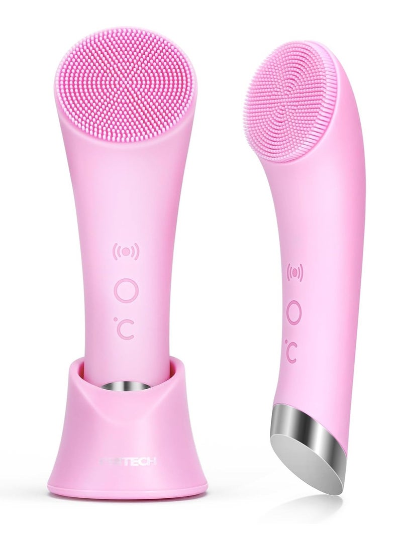 pritech PRITECH Silicone Face Scrubber, Rechargeable Facial Cleansing Brush with Heat Massage End, Vibrating Exfoliating Face Scrubber for Women and Men, Waterproof Facial Scrubber for Deep Cleansing (Pink) - Image 1