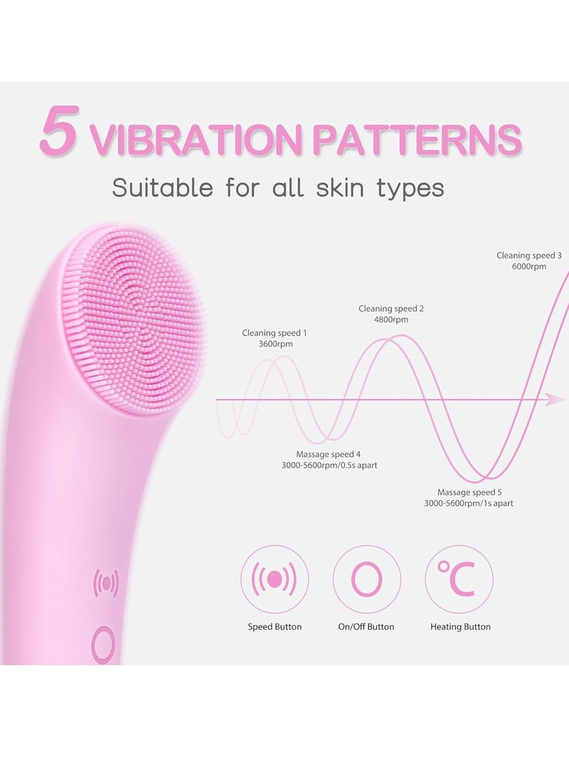 pritech PRITECH Silicone Face Scrubber, Rechargeable Facial Cleansing Brush with Heat Massage End, Vibrating Exfoliating Face Scrubber for Women and Men, Waterproof Facial Scrubber for Deep Cleansing (Pink) - Image 2