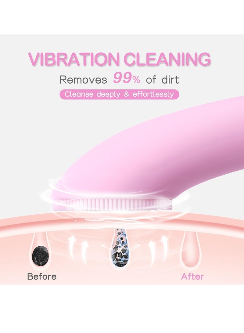 pritech PRITECH Silicone Face Scrubber, Rechargeable Facial Cleansing Brush with Heat Massage End, Vibrating Exfoliating Face Scrubber for Women and Men, Waterproof Facial Scrubber for Deep Cleansing (Pink) - Image 3