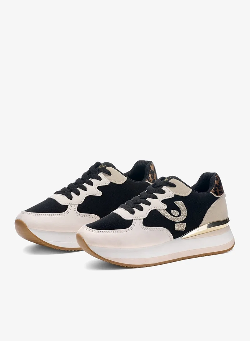 FREDDY Freddy Women’s White & Black Sneakers – Chunky Sole Casual Shoes with Glitter Logo Detail