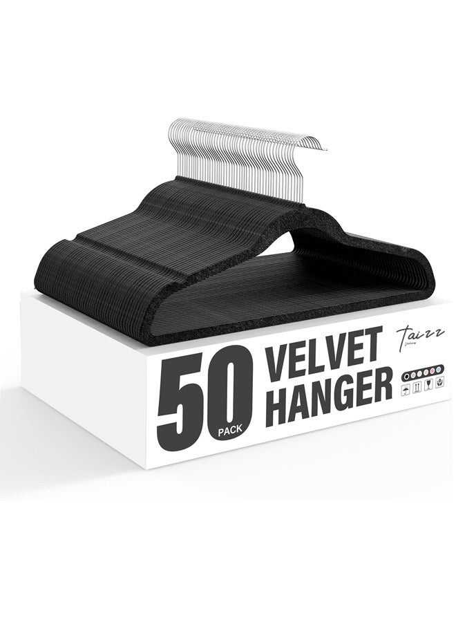 Taizz Ventures 50-Pack Non-Slip Velvet Hangers with Shoulder Notches, Space-Saving Ultra-Thin Design, 360° Swivel Hooks for Closet Organization, Velvet Clothes Hangers - Black - Image 1