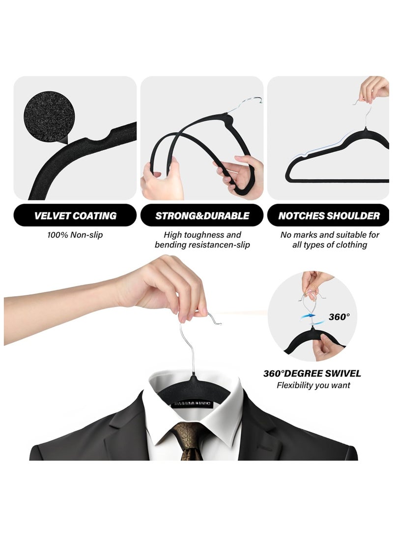 Taizz Ventures 50-Pack Non-Slip Velvet Hangers with Shoulder Notches, Space-Saving Ultra-Thin Design, 360° Swivel Hooks for Closet Organization, Velvet Clothes Hangers - Black - Image 3