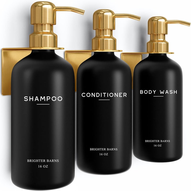 Brighter Barns Luxury Shampoo and Conditioner Dispenser Set Wall Mounted by - Refillable Shower Shampoo Dispenser and Stainless Steel Pumps - Modern Bathroom Decor for Guest House, Airbnb (Black Gold) - Image 1