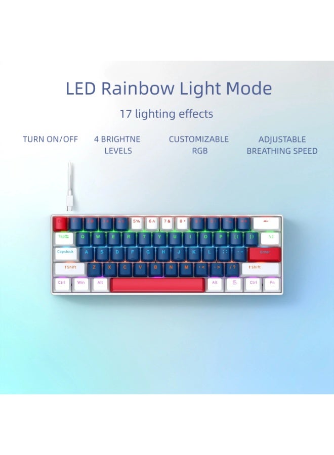 T-WOLF T60 green axis 61 key mechanical keyboard with 17 RGB backlit ultra compact mini keyboards, Type-C key cable separation, full key hot swappable 60% wired gaming keyboard, suitable for PC/Mac esports gamers, business travel portable keyboard (blue and white dual color mixing) - Image 3