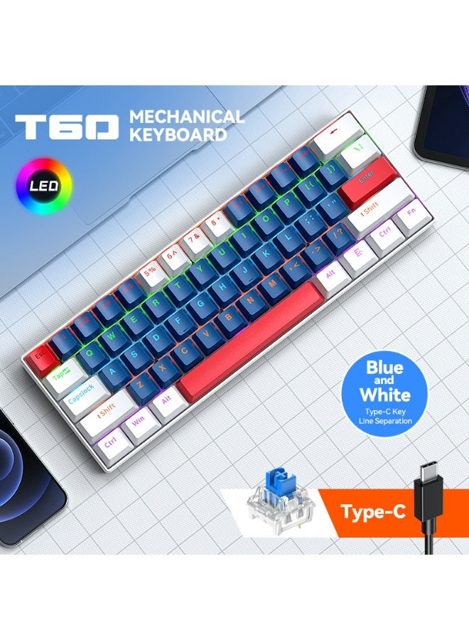 T-WOLF T60 green axis 61 key mechanical keyboard with 17 RGB backlit ultra compact mini keyboards, Type-C key cable separation, full key hot swappable 60% wired gaming keyboard, suitable for PC/Mac esports gamers, business travel portable keyboard (blue and white dual color mixing) - Image 2