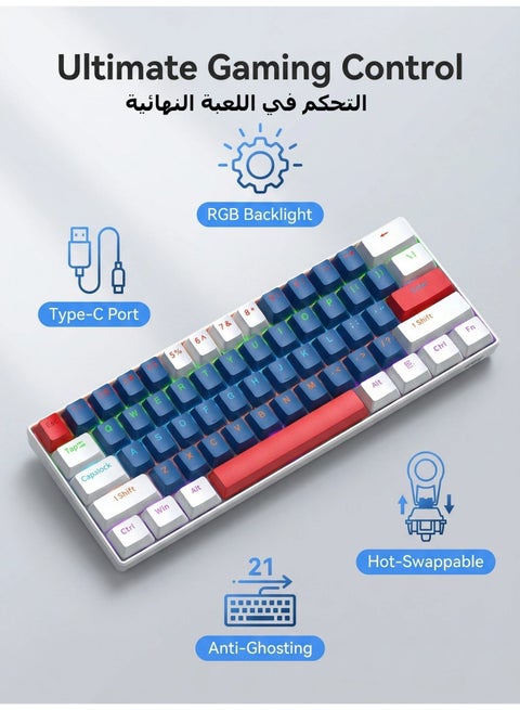 لوحة المفاتيح الميكانيكية لوحة المفاتيح الأزرق المفتاح لوحة المفاتيح RGB لوحة المفاتيح الصغيرة نوع C مفتاح كابل الفصل المفتاح الكامل لوحة المفاتيح الألعاب السلكية القابلة للتبادل الساخنة ، مناسبة للاعبين الرياضيين الكمبيوتر الشخصي / ماك ، لوحة المفاتيح للألعاب المحمولة للسفر التجاري