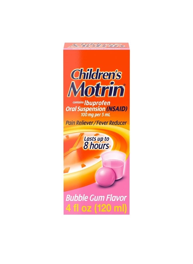 Motrin Children's Oral Suspension Medicine, 100 mg Ibuprofen, Kids Fever Reducer & Pain Reliever for Minor Aches & Pains Due to Cold & Flu, Alcohol-Free, Bubble Gum Flavored, 4 fl. oz - Image 1