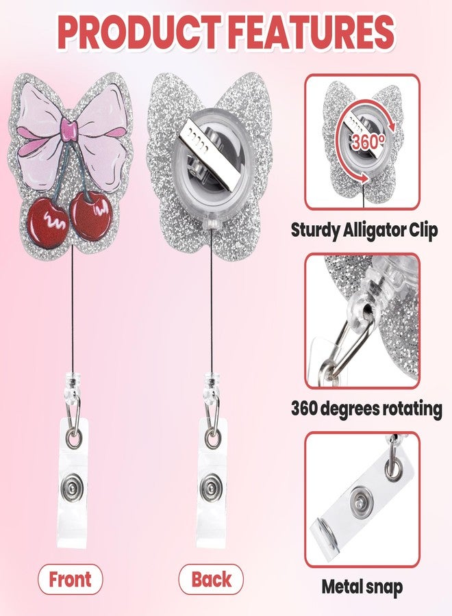 CustomyLife Bow Badge Reel, Sparkly Retractable Nurse Badge Holder with Cherry Pattern, Bling Cute ID Card Clip Accessories for Medical Nursing Worker Student Teacher Office- Pink - Image 3