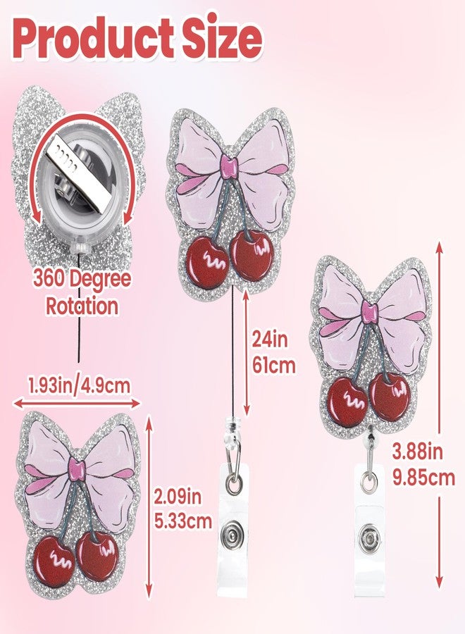 CustomyLife Bow Badge Reel, Sparkly Retractable Nurse Badge Holder with Cherry Pattern, Bling Cute ID Card Clip Accessories for Medical Nursing Worker Student Teacher Office- Pink - Image 2