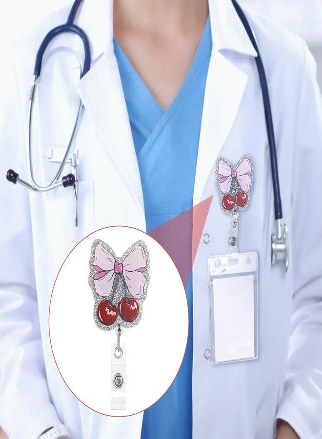 CustomyLife Bow Badge Reel, Sparkly Retractable Nurse Badge Holder with Cherry Pattern, Bling Cute ID Card Clip Accessories for Medical Nursing Worker Student Teacher Office- Pink - Image 5