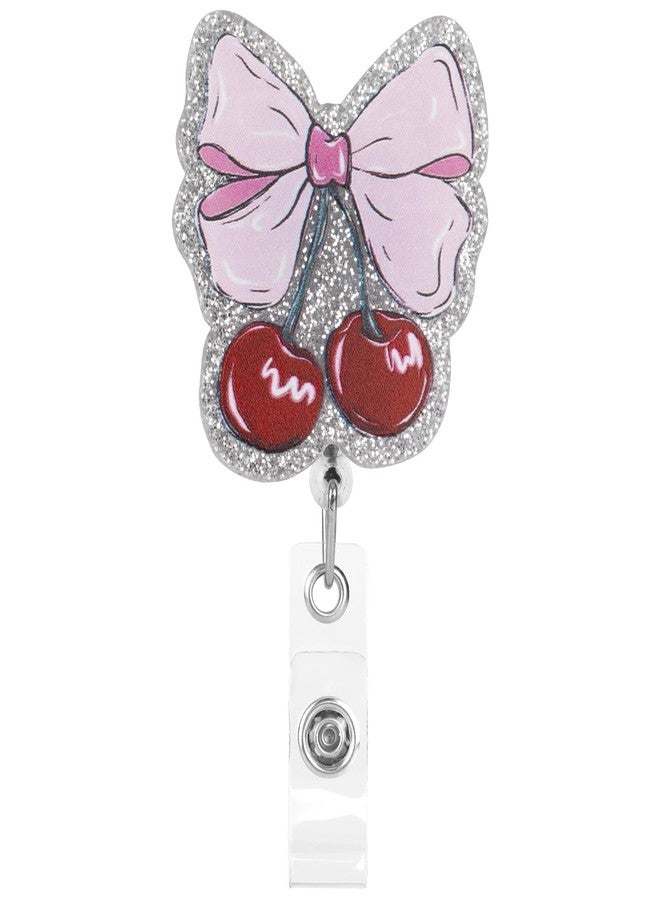 CustomyLife Bow Badge Reel, Sparkly Retractable Nurse Badge Holder with Cherry Pattern, Bling Cute ID Card Clip Accessories for Medical Nursing Worker Student Teacher Office- Pink - Image 1