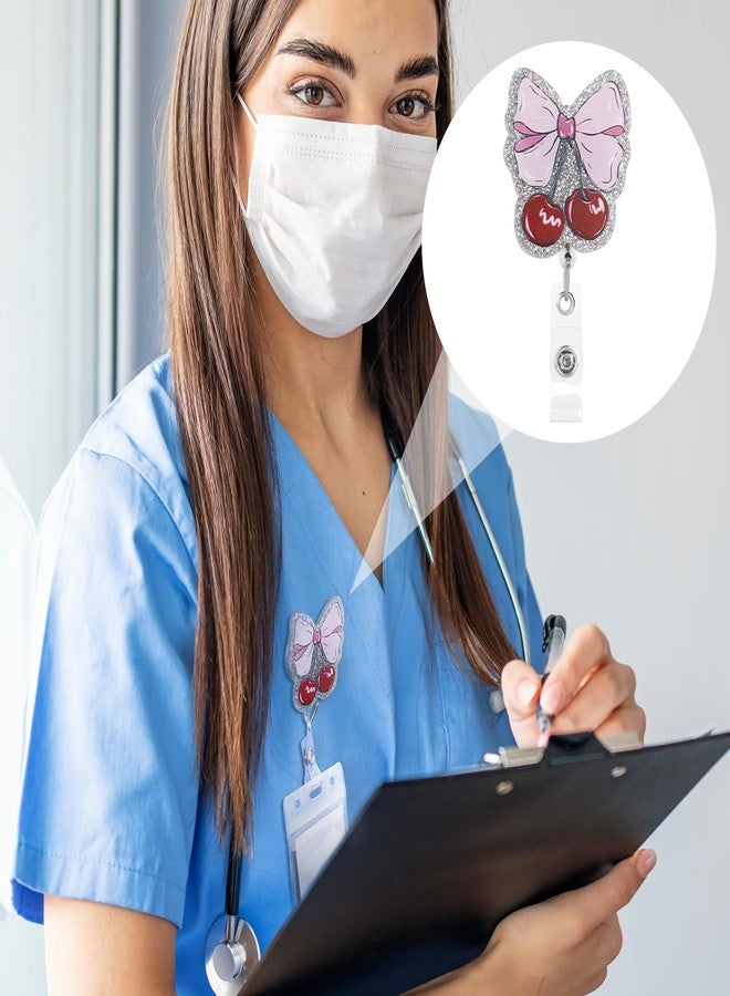 CustomyLife Bow Badge Reel, Sparkly Retractable Nurse Badge Holder with Cherry Pattern, Bling Cute ID Card Clip Accessories for Medical Nursing Worker Student Teacher Office- Pink - Image 4