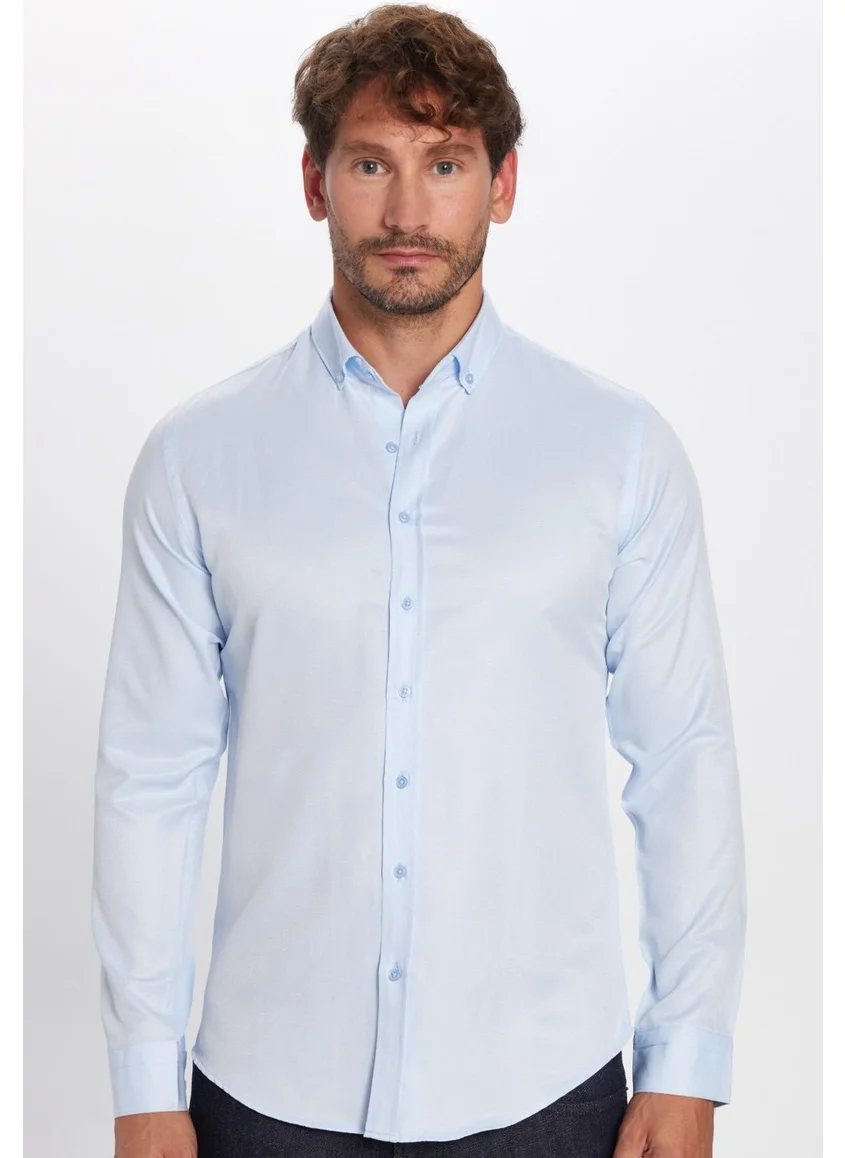 Tudors Men's Slim Fit Slim Fit Cotton Easy Iron Blue Button-down Collar Shirt
