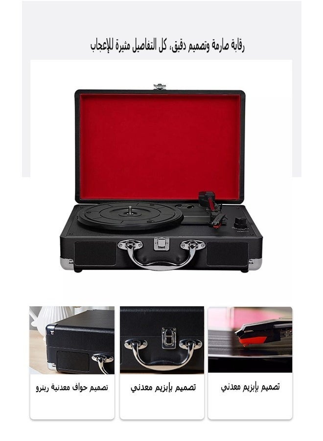 Vinyl Record Player with USB Turntable, Retro Phonograph Portable Wireless Bluetooth Speaker 3 Speeds Built-in Stereo Speaker Support USB/RCA Output/Headphone Jack/MP3/Mobile Music Player Portable Case Design (Black) - Image 3