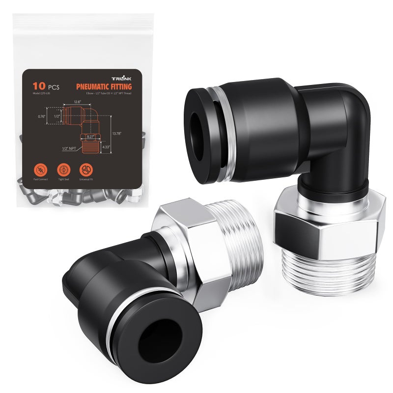 TRILINK 12OD x 12NPT Thread Push to Connect Fittings Air Line Elbow Connectors Quick Connect Pneumatic Fittings Push Lock Air Hose Fittings for Compressor Air Tools Tubing 10 PCS - Image 2