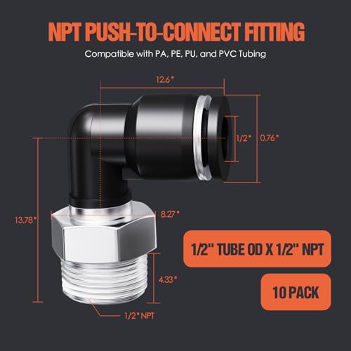 TRILINK 12OD x 12NPT Thread Push to Connect Fittings Air Line Elbow Connectors Quick Connect Pneumatic Fittings Push Lock Air Hose Fittings for Compressor Air Tools Tubing 10 PCS - Image 3