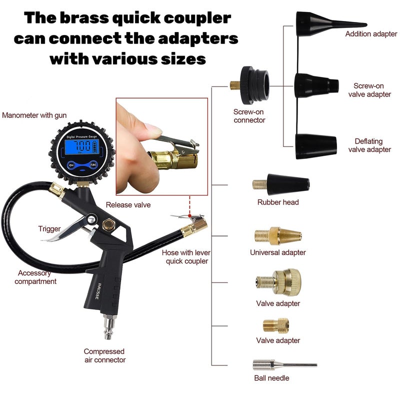Hausse Heavy Duty Compressor Accessory Kit - Digital Tire Pressure Gauge with Inflator, Blow Gun and Hose Fittings, 1/4" NPT Air Tool Kit - Image 2