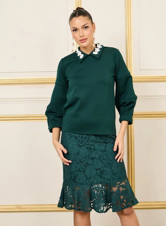 ستايلي Floral Applique Detail Peter Pan Collar Top and All Over Lace Mermaid Skirt Set