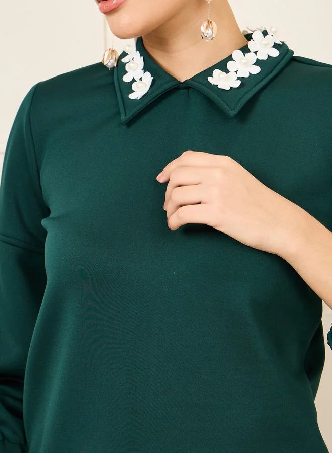 ستايلي Floral Applique Detail Peter Pan Collar Top and All Over Lace Mermaid Skirt Set