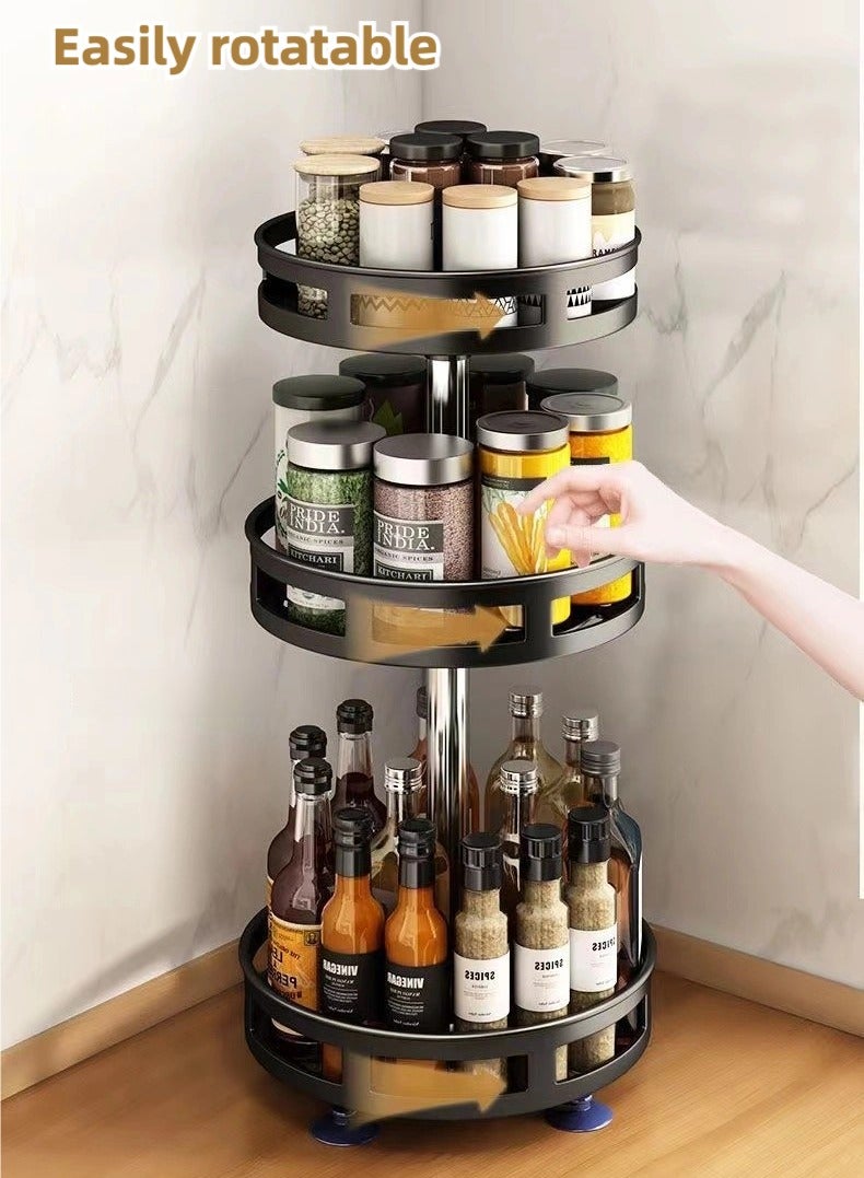 Rotatable 360 Degree Kitchen Shelf, Spice Storage Shelf, Round Storage Box Oil, Salt, Sauce and Vinegar Condiment Jar Rack, Triple - Black，3-Tier Adjustable Spice Rack - 360° Rotation, Metal Condiment Organizer for Kitchen, Bathroom and Bedroom Decor - Image 2