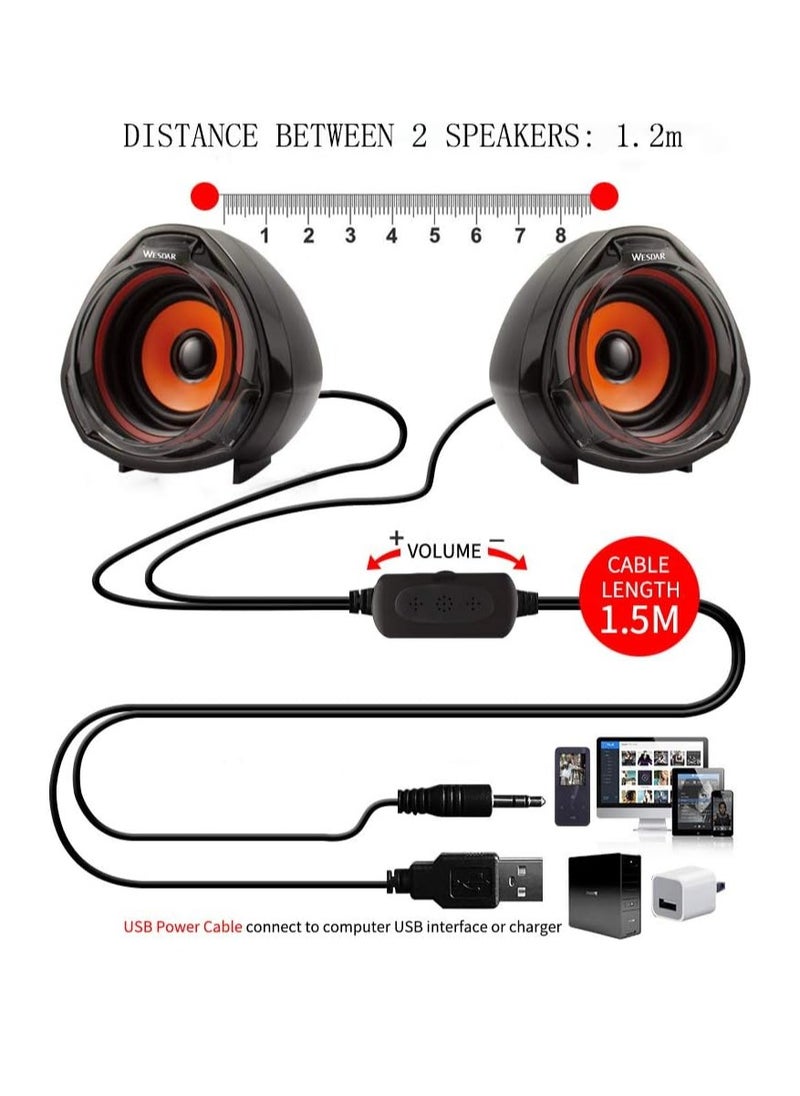 Wesdar - Computer Speakers, 3.5mm USB Powered Subwoofer PC Speakers for Desktop Laptop Notebook, Pack of 2 (Orange) - Image 1