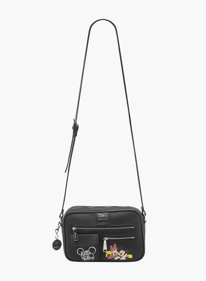 Disney Mickey and Minnie Mouse Print Crossbody Bag with Adjustable Strap and Zip Closure