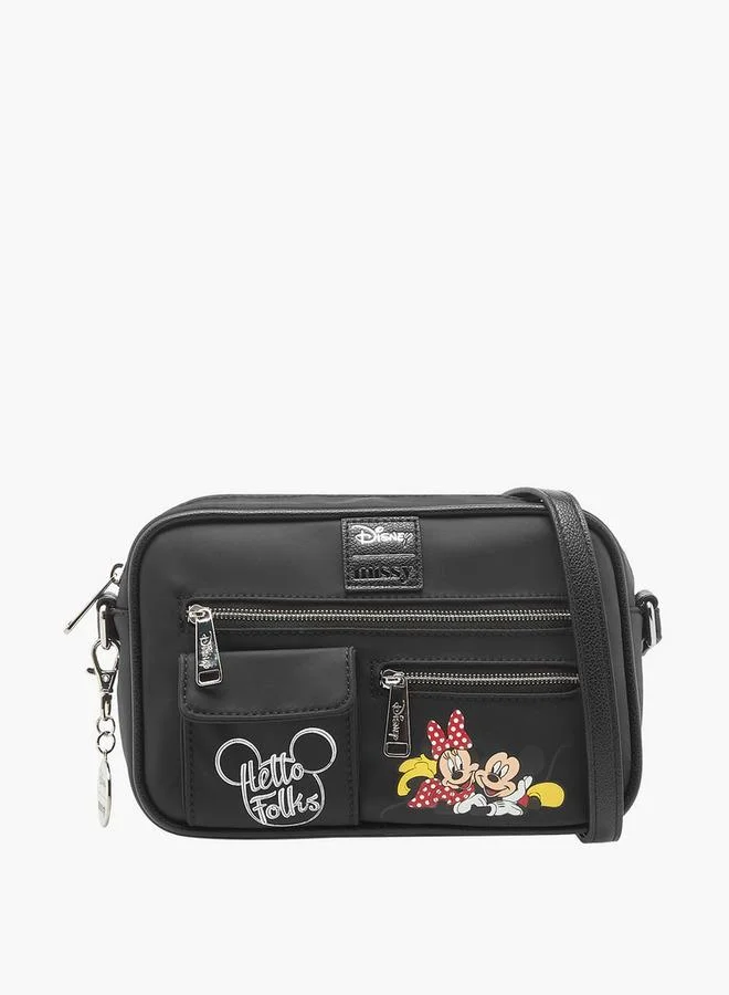Disney Mickey and Minnie Mouse Print Crossbody Bag with Adjustable Strap and Zip Closure