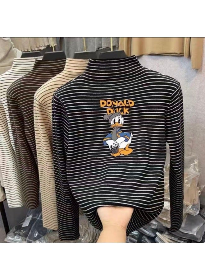 Boys And Girls' Thermal Base Layer Shirts, Spring And Autumn, Big Kids' Half-high Collar Long-sleeve T-shirts, Stylish Striped Warm Tops