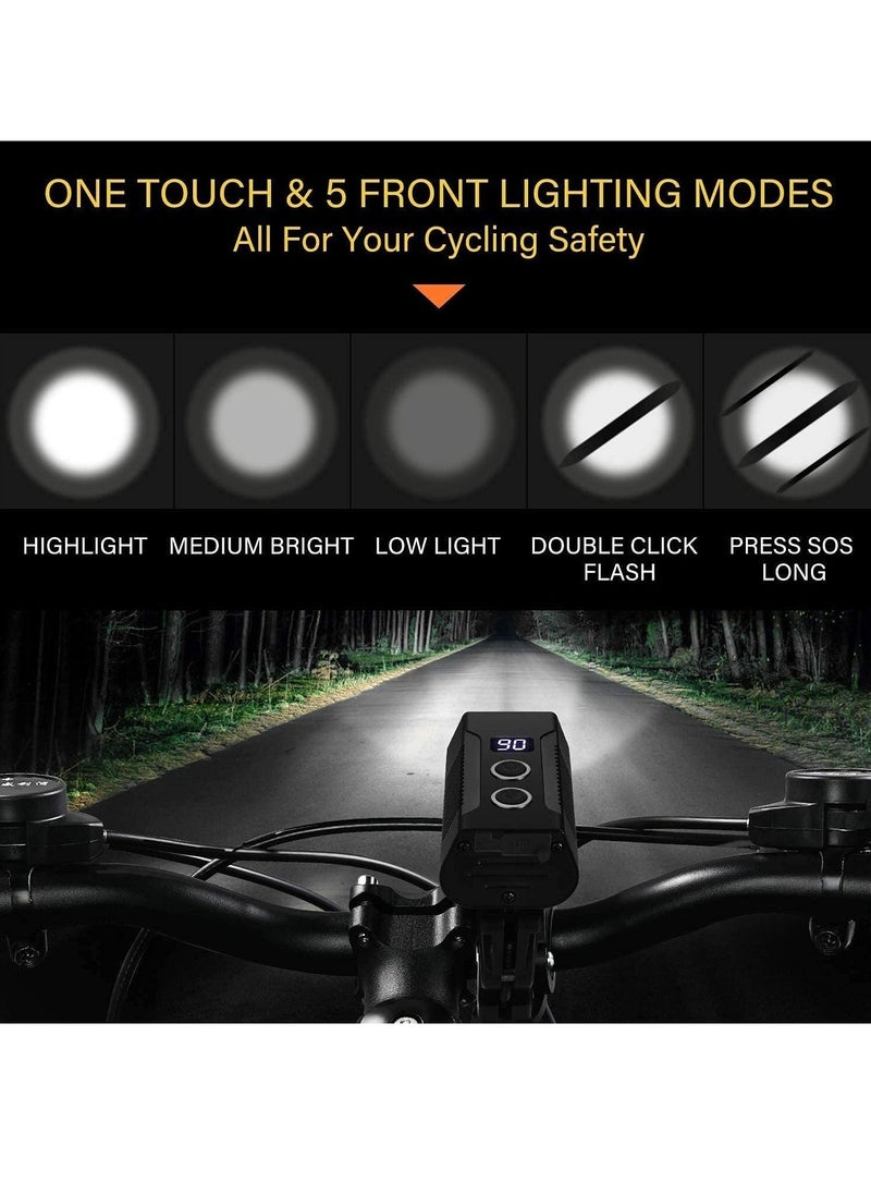 Arabest - Bike Light Rechargeable, Super Bright High Lumen Bike Headlight and Taillight Set Waterproof Bicycle Front Light with Warning Light & Power Display for Mountain & Road Bike Cycling - Image 1