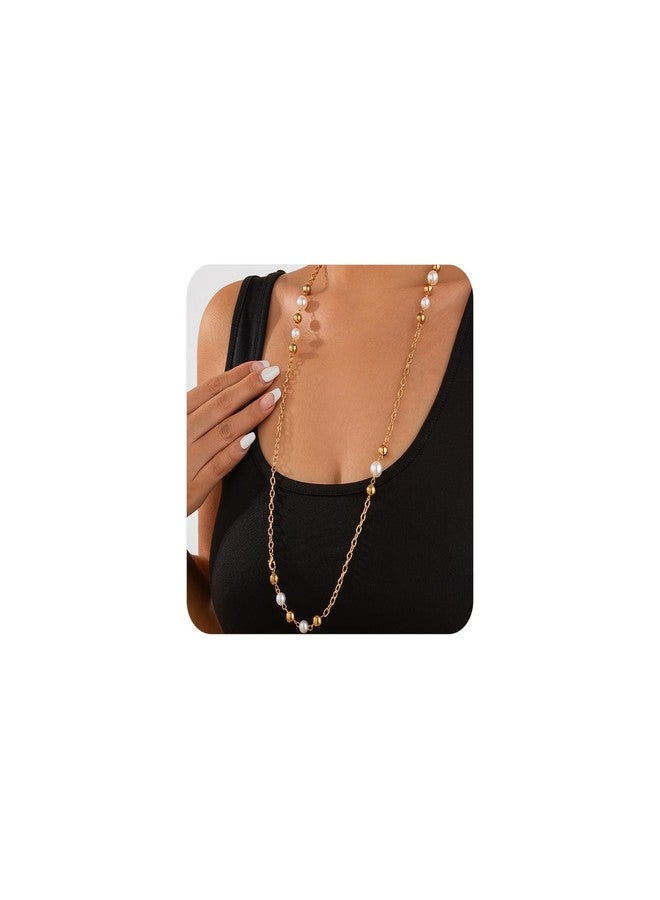 FUTIMELY Layering Dainty Pearl Long Necklace,Charming Layered Plated Gold Bead Thin Chain Statement Choker,Aesthetic Small Pearl Collar Necklace for Women (SG) - Image 1