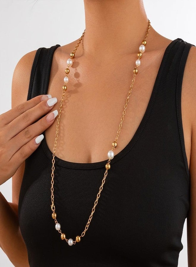 FUTIMELY Layering Dainty Pearl Long Necklace,Charming Layered Plated Gold Bead Thin Chain Statement Choker,Aesthetic Small Pearl Collar Necklace for Women (SG) - Image 2