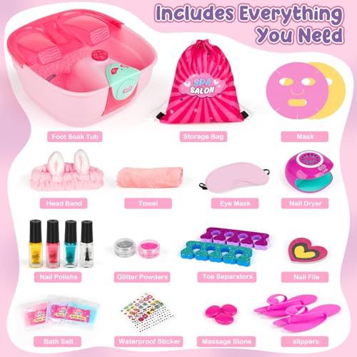Dreamon Kids Foot Spa & Nail Kit - Kids Spa Day Kit for Girls with Mask Foot Bath and Nail Dryer - Manicures Pedicure Toy Kit Nail Art Salon Girl Stuff - Christmas Birthday Gifts for 6 7 8 9 10-12 Year Old - Image 2