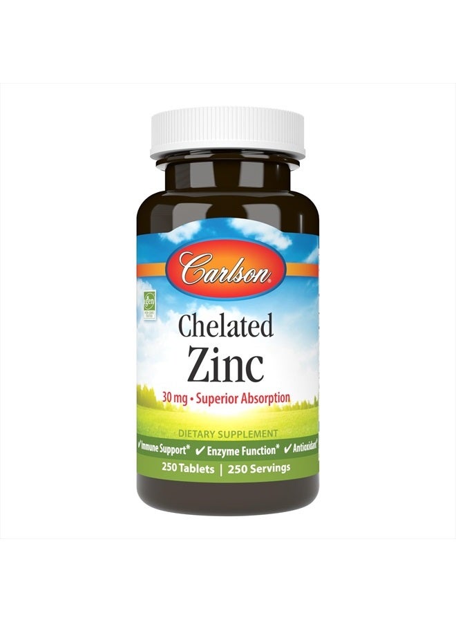 Carlson Chelated Zinc, 30 mg, Chelated Zinc Supplement, Zinc Glycinate Chelate, Superior Absorption, Immune Support & Enzyme Function, Zinc Tablets, Antioxidant, 250 Tablets - Image 1