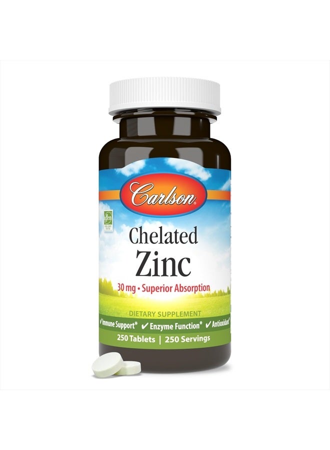 Carlson Chelated Zinc, 30 mg, Chelated Zinc Supplement, Zinc Glycinate Chelate, Superior Absorption, Immune Support & Enzyme Function, Zinc Tablets, Antioxidant, 250 Tablets - Image 5