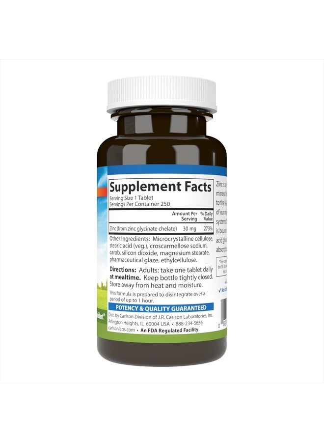Carlson Chelated Zinc, 30 mg, Chelated Zinc Supplement, Zinc Glycinate Chelate, Superior Absorption, Immune Support & Enzyme Function, Zinc Tablets, Antioxidant, 250 Tablets - Image 2